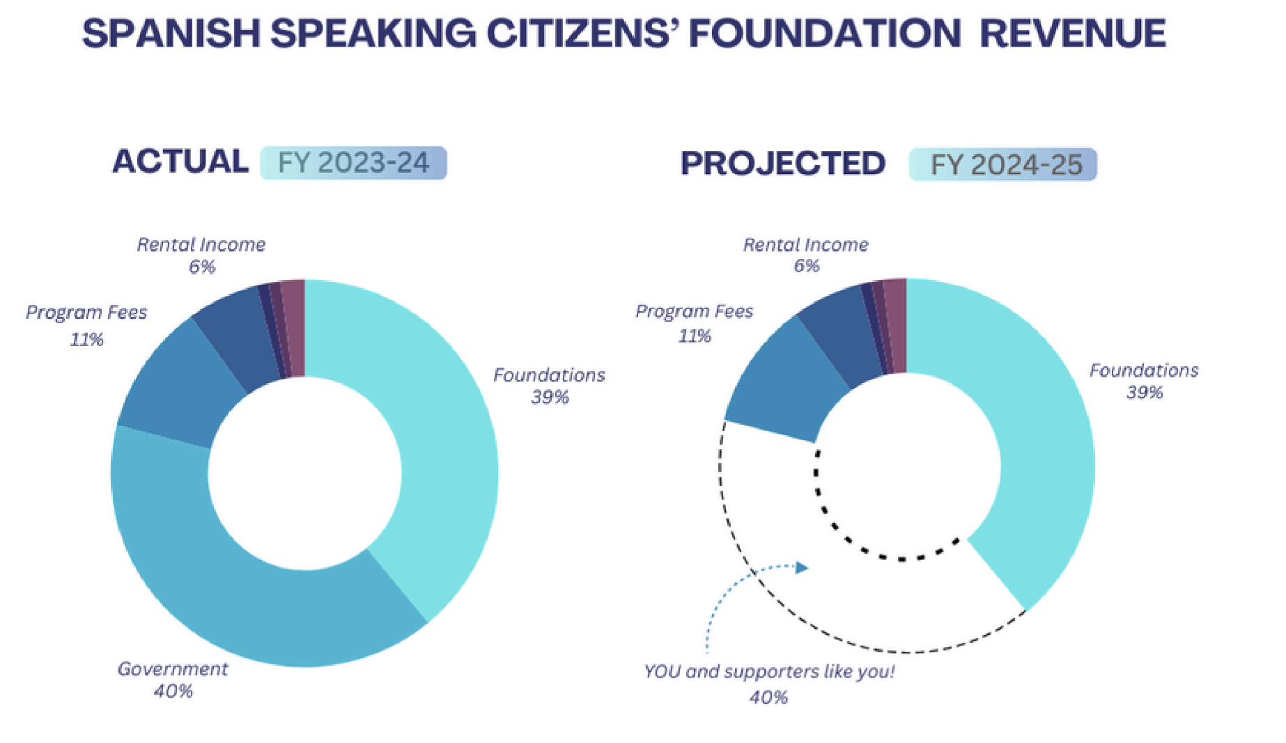Charts of SSCF's Revenue explaning the need of replacing govt funding, stressing donor impact.